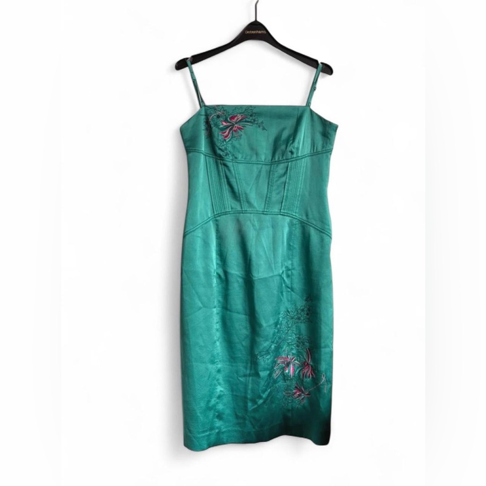 Karen Millen Teal Satin Midi Dress with Pink Floral Embroidery